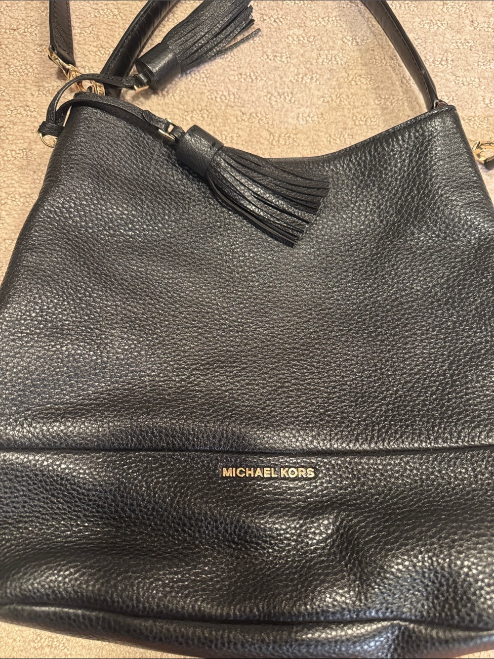 Michael Kors Classic Black Leather Tote Bag with Tassel Accent